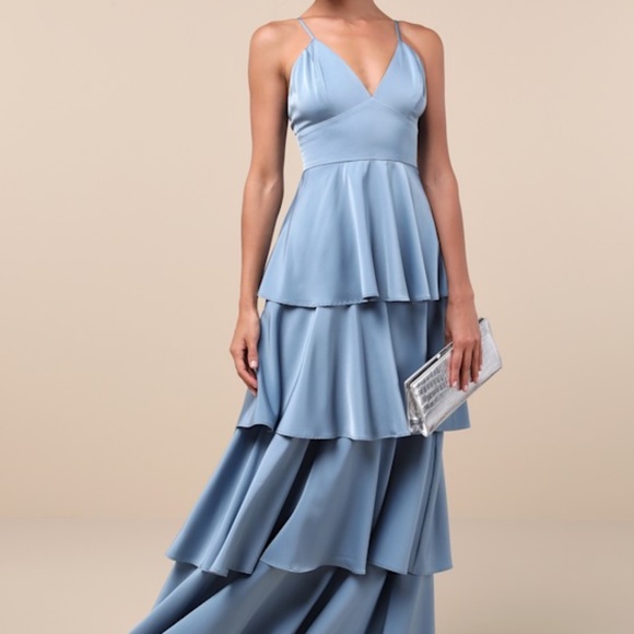 Lulus Going With Elegance Slate Blue Satin Tiered Gown - Size S - Picture 1 of 4